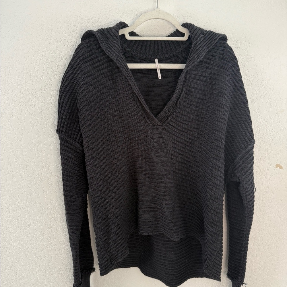 Free people Black Ribbed Knit Hoodie
